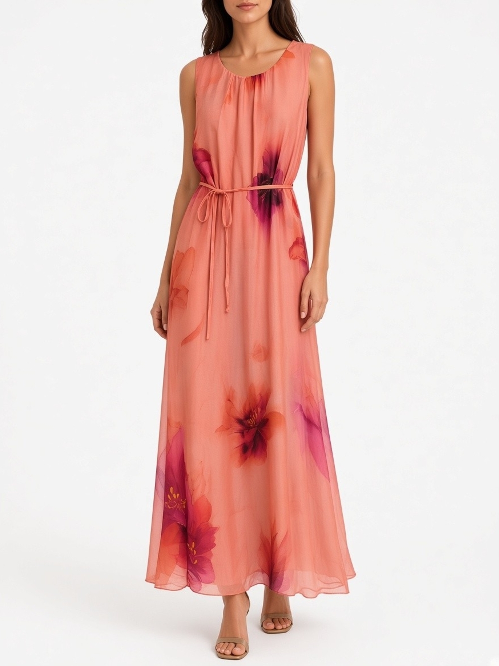 NWT. Silk Coral Floral Maxi Dress. Made In Italy. Size Small.